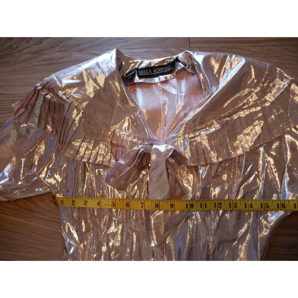 Della Roufogali Metallic Pink Ruffle Blouse Size 8 Bow Long Sleeve
